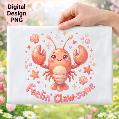 Cute cartoon lobster and seashells with text "Feelin' Claw-some".