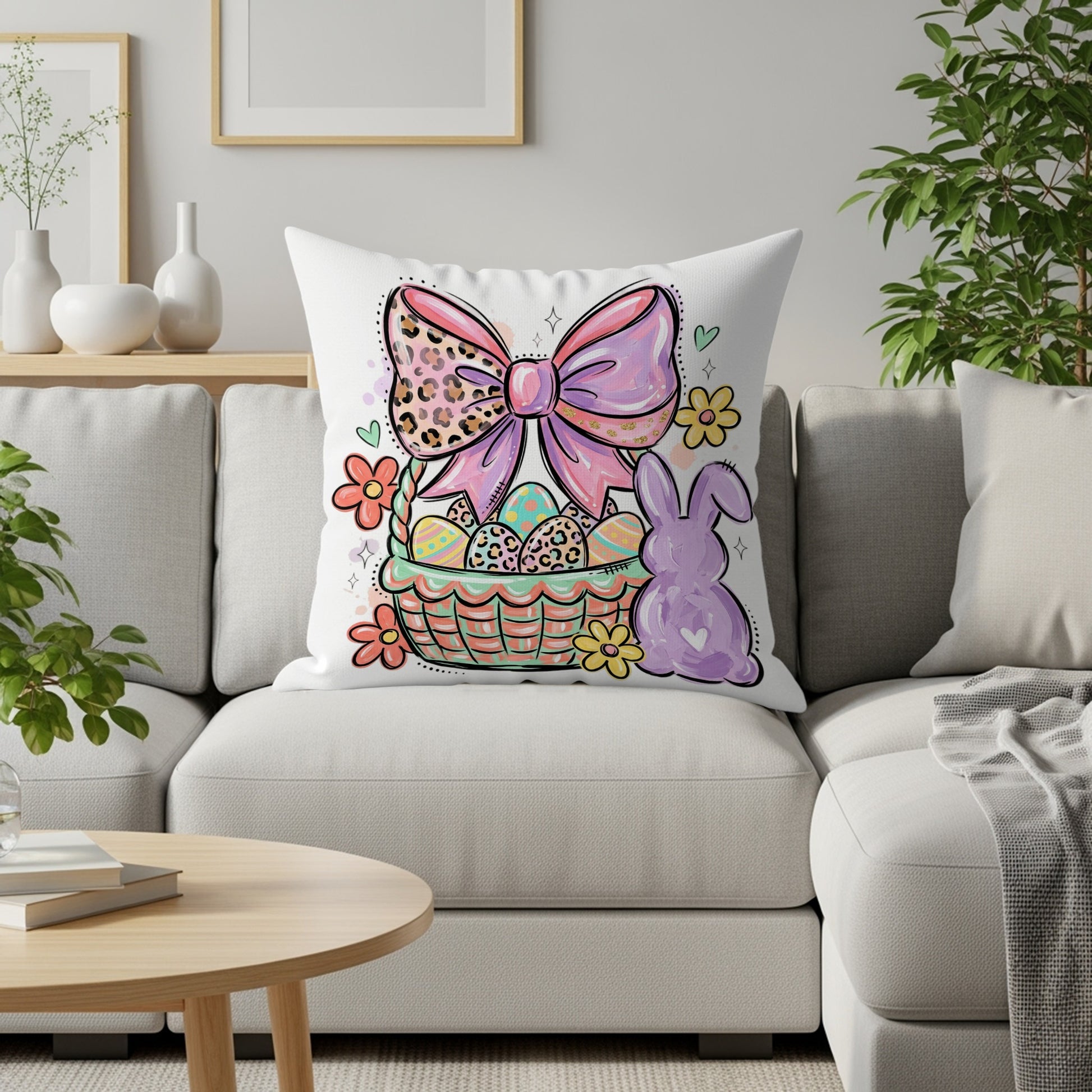 Easter basket with bow, eggs, and bunny illustration on a pillow.