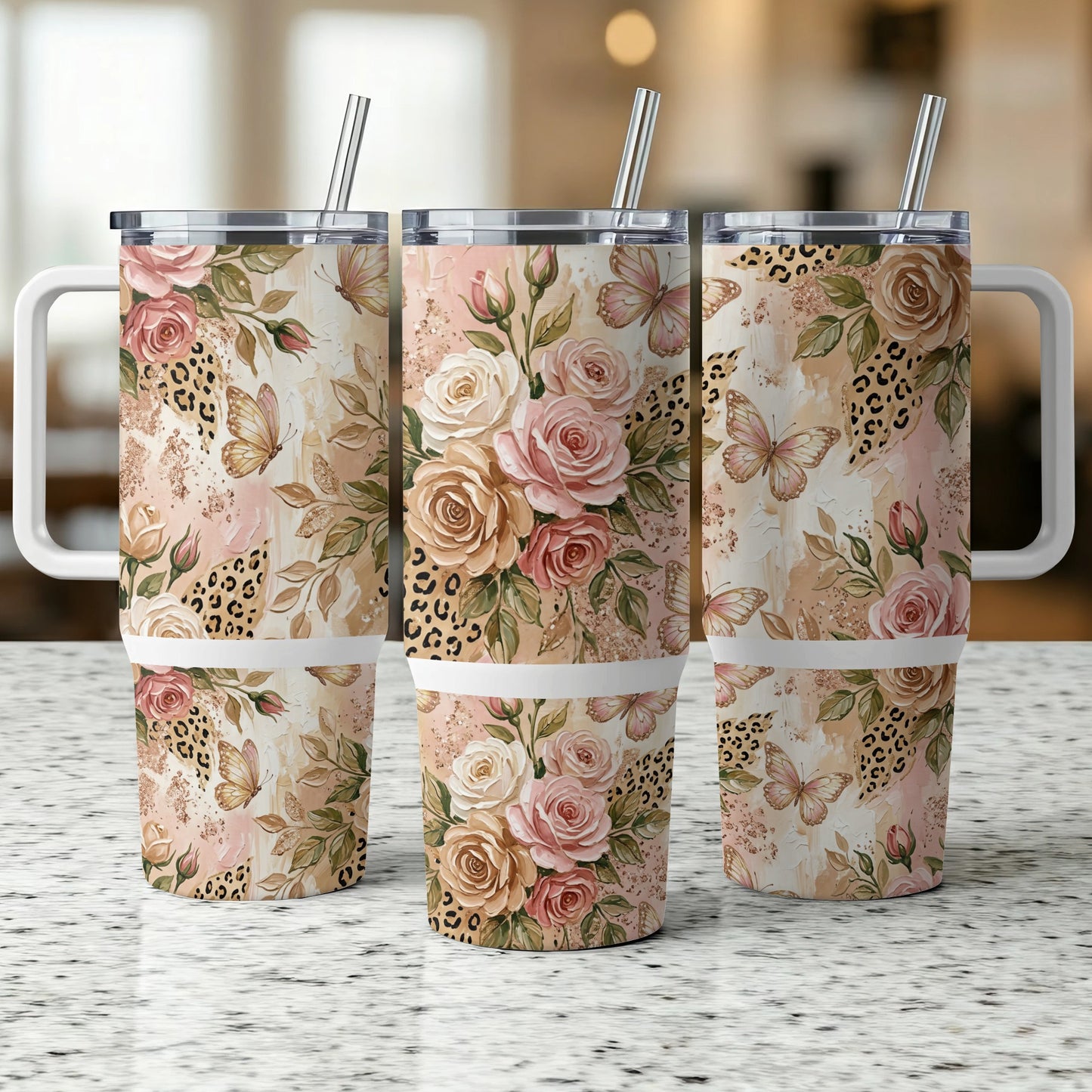 Three tumblers with floral and leopard print designs and butterfly accents.