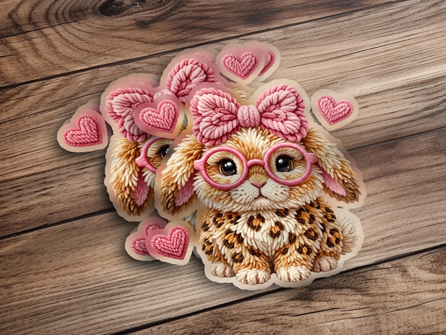Cute bunny sticker with glasses and pink bows on wooden background.