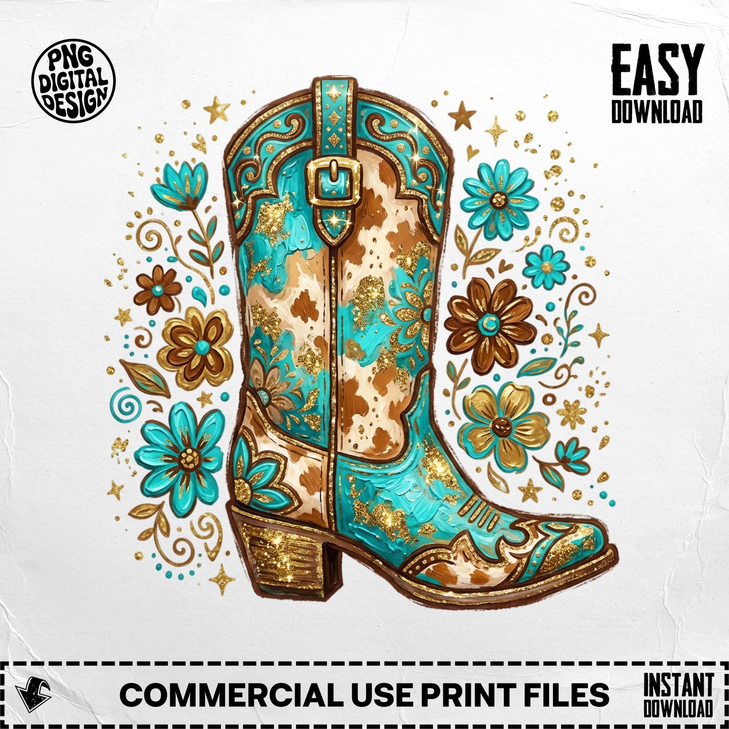 Turquoise cowboy boot with gold accents and floral details.