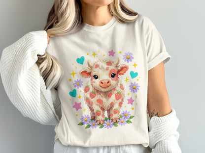 Cute strawberry cow with flowers and stars on a cream t-shirt.