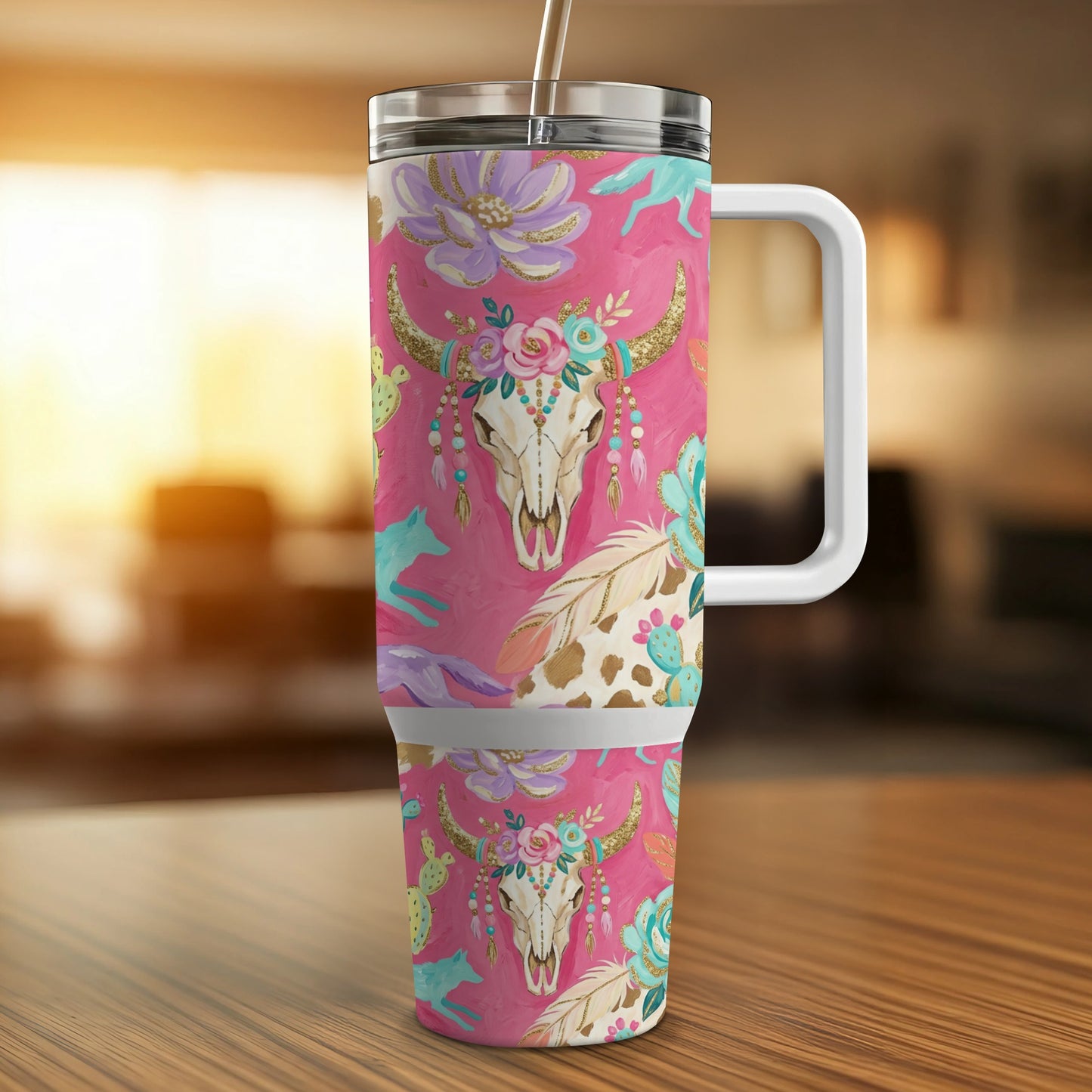 Pink tumbler with cowboy skull, cactus, floral, and feather Southwestern pattern.