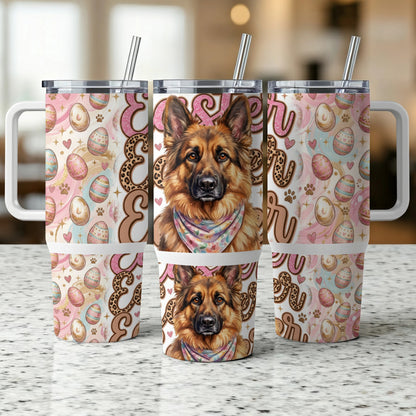 German Shepherd wearing bandana on Easter-themed tumbler.