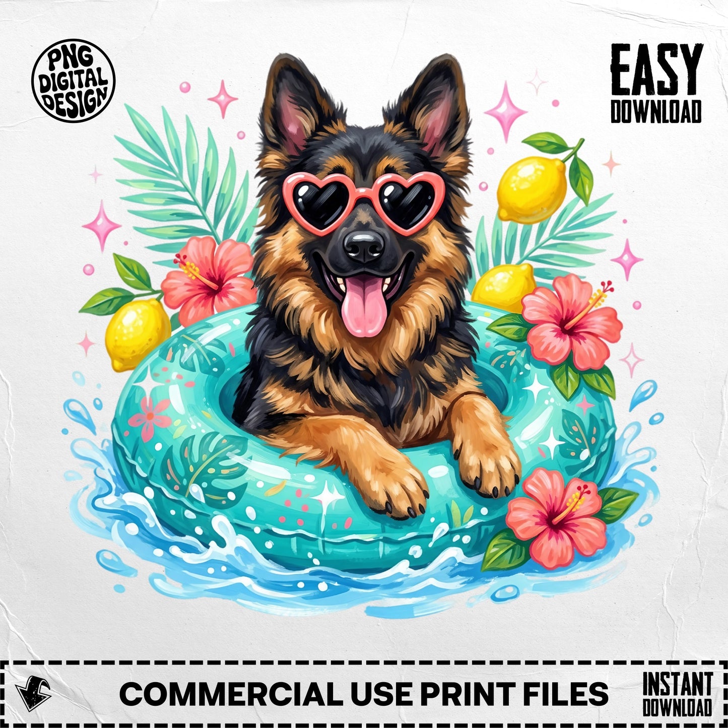 German Shepherd wearing heart sunglasses floats in a pool ring with hibiscus and lemons.