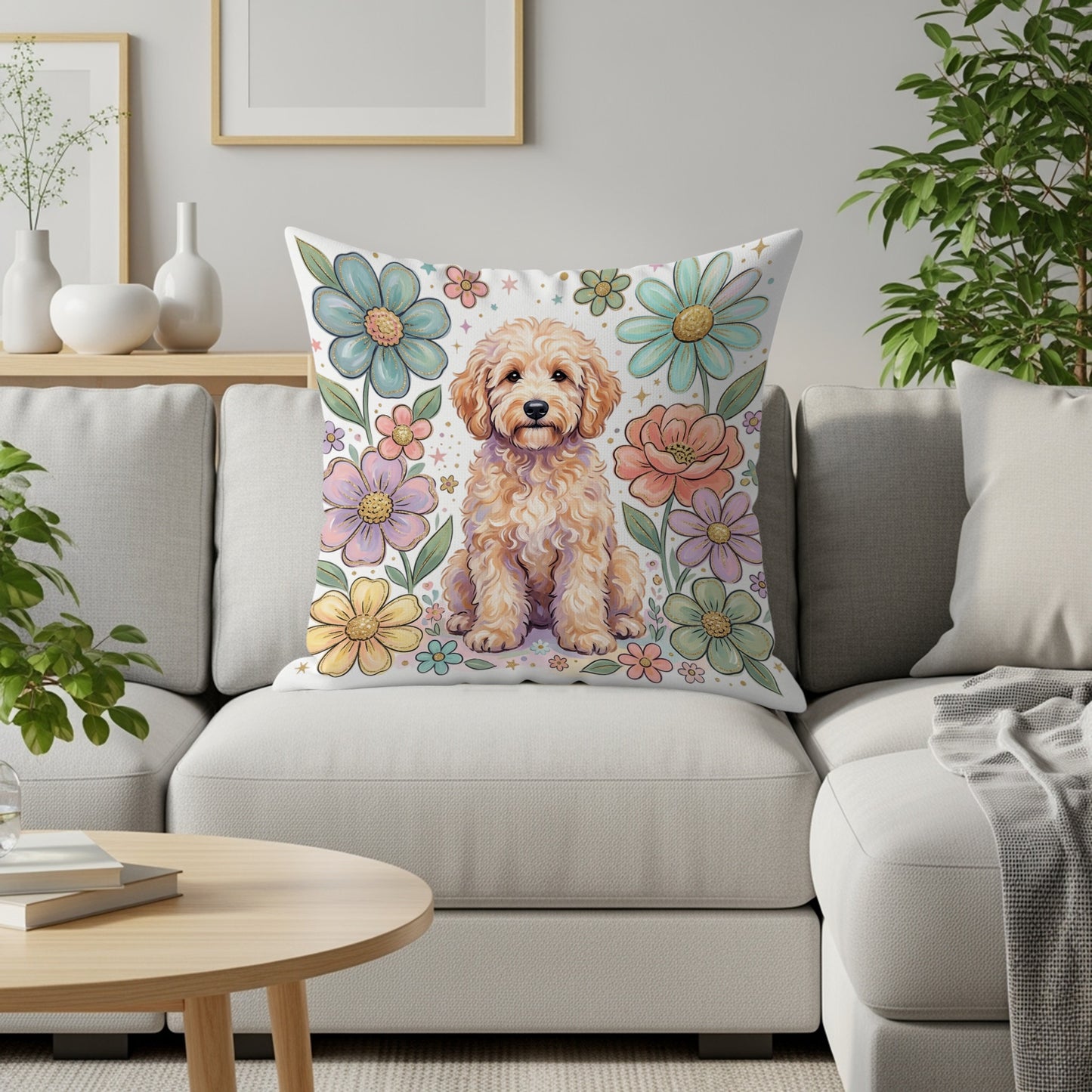 Fluffy light brown dog sits amidst a floral pattern on a decorative pillow.