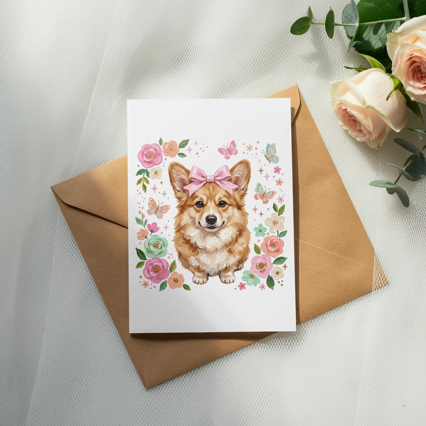 Card with a corgi illustration, pink bow, and butterflies, on an envelope.