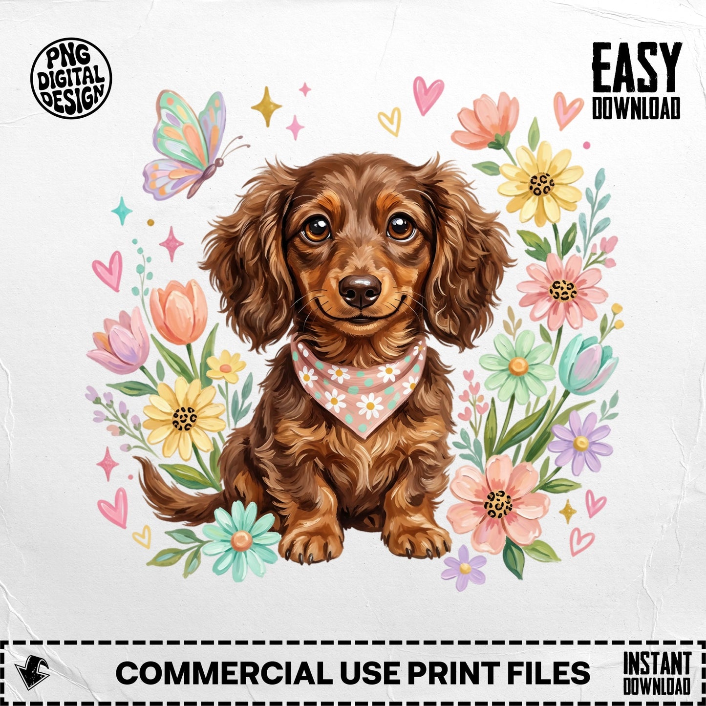 Dachshund puppy with bandana surrounded by colorful flowers and butterflies.