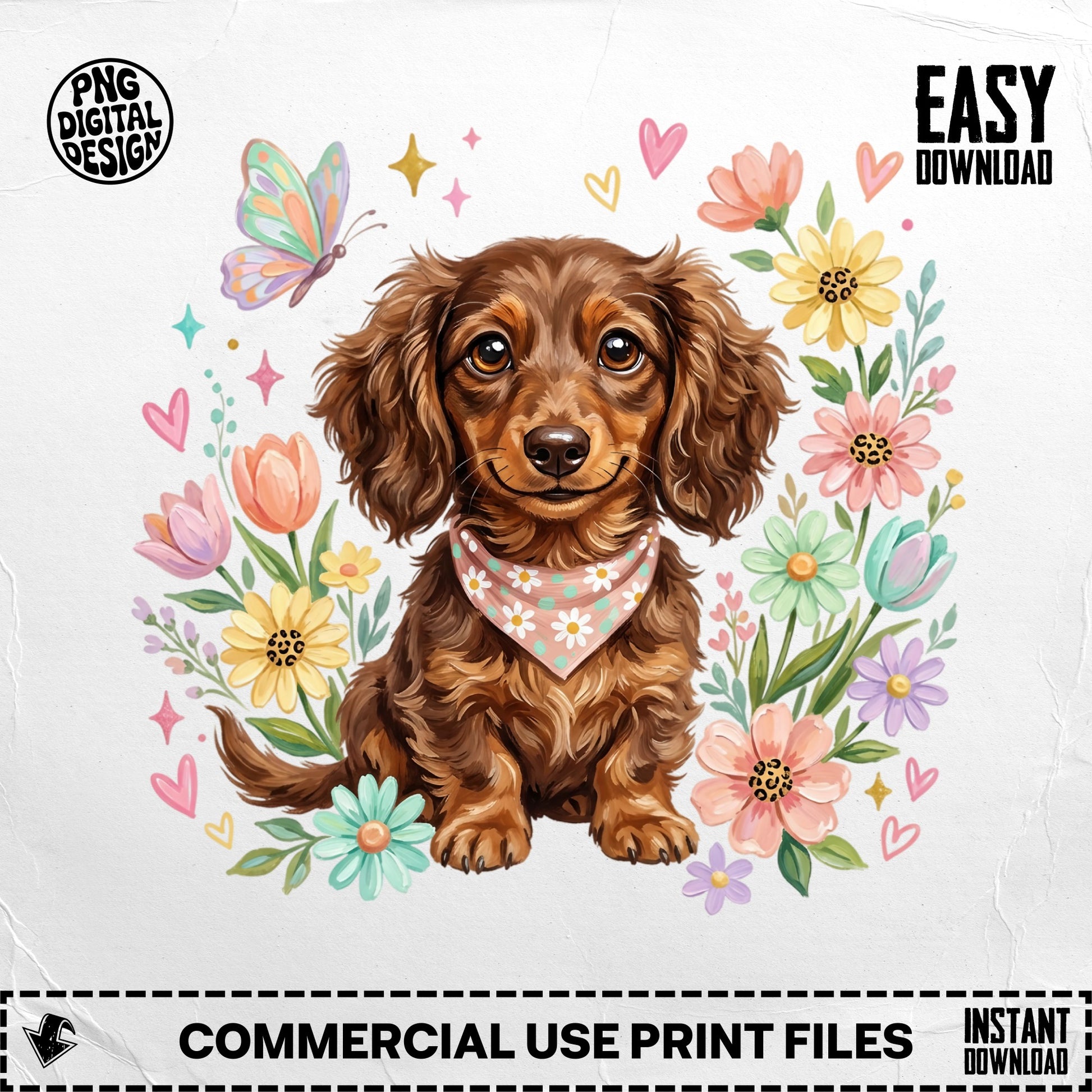 Dachshund puppy with bandana surrounded by colorful flowers and butterflies.