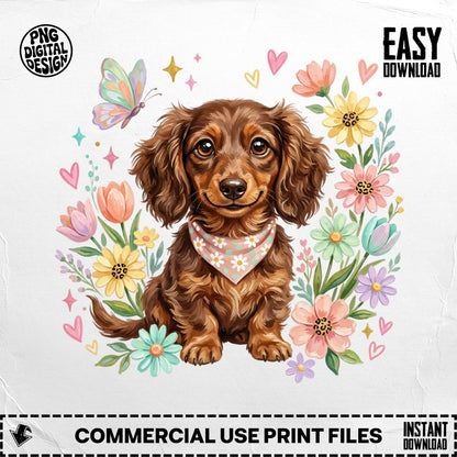 Dachshund puppy with bandana surrounded by colorful flowers and butterflies.