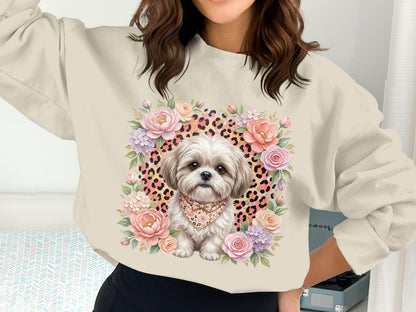 Shih Tzu puppy in floral wreath with leopard print background on sweatshirt.