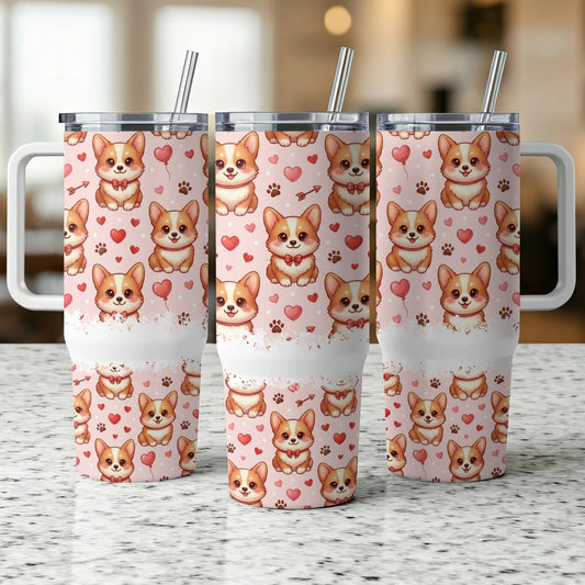Three corgi-themed tumblers with hearts and bows on a countertop.