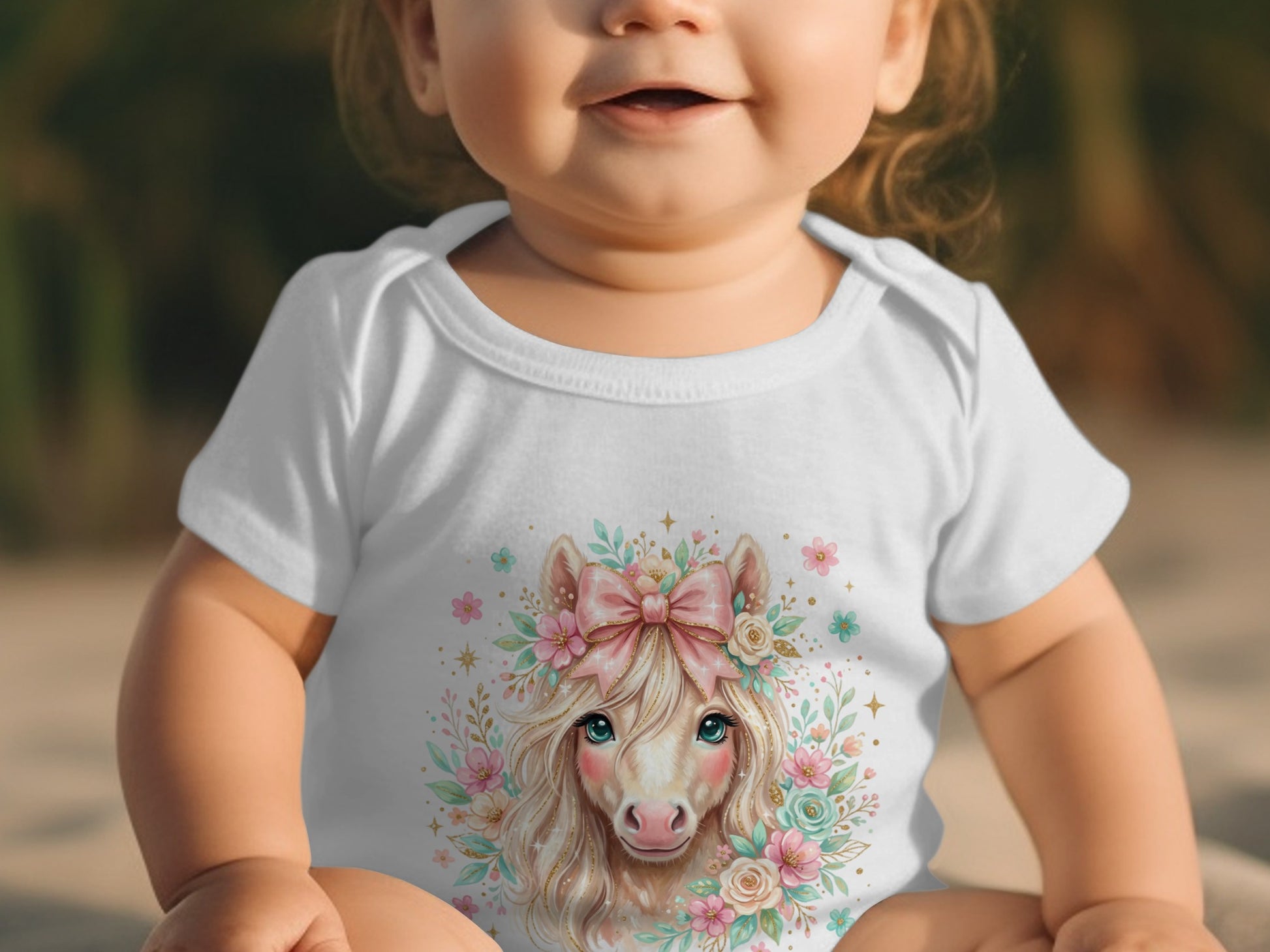 Baby in white onesie with a rainbow unicorn and floral design.