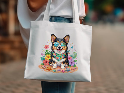 Corgi wearing sunglasses and bandana on a beach with flowers and shells.