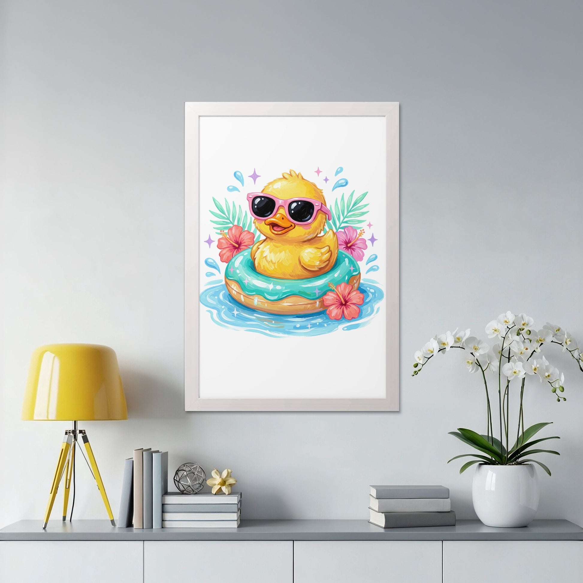 Cartoon yellow duck with sunglasses floats in a blue inner tube.