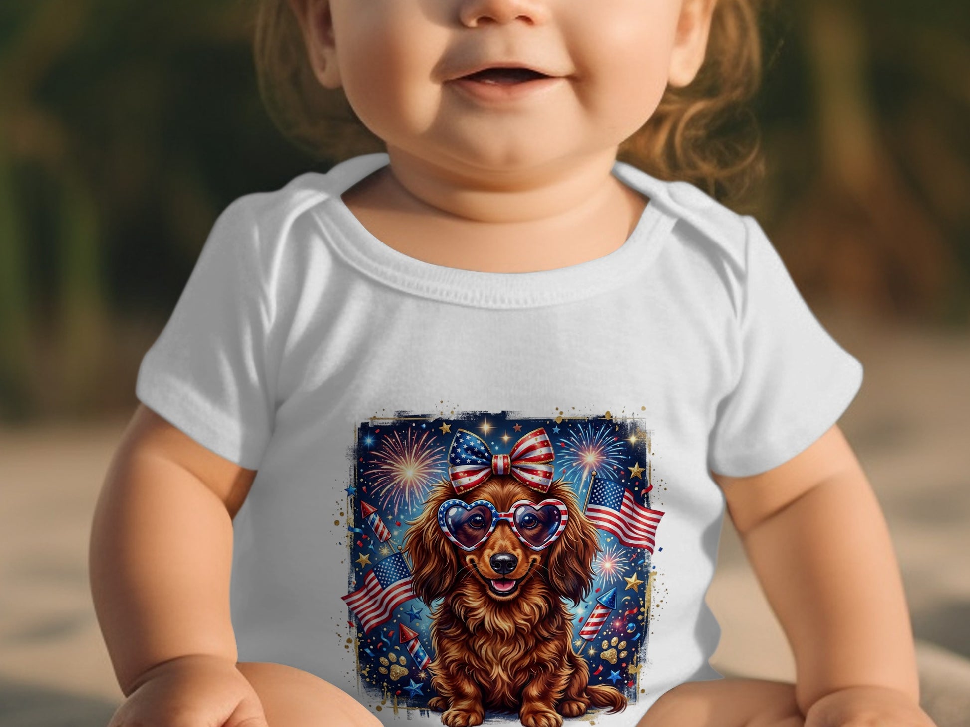 Baby wearing white bodysuit with patriotic dachshund graphic.