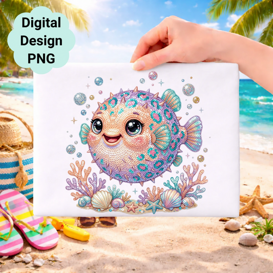 Cute cartoon pufferfish with sequins on a beach background.