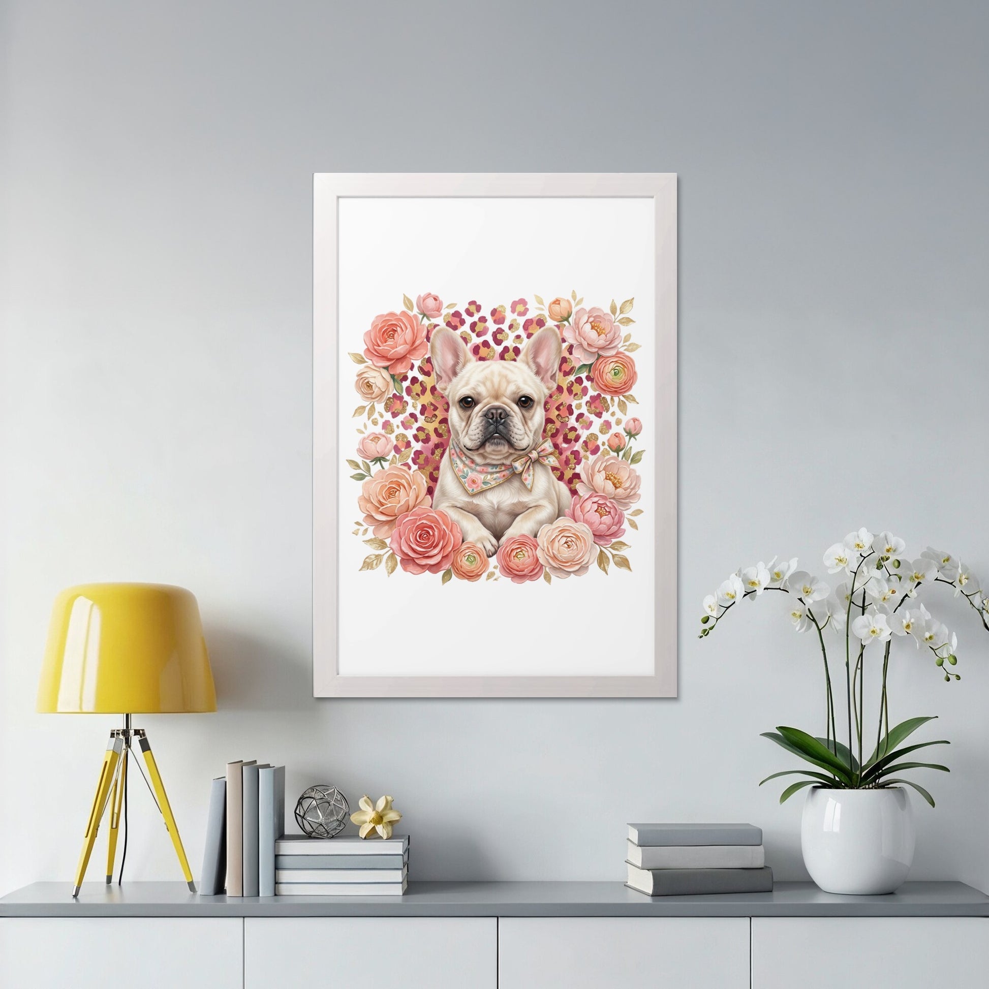 Framed painting of a French bulldog wearing a bandana, surrounded by pink roses.