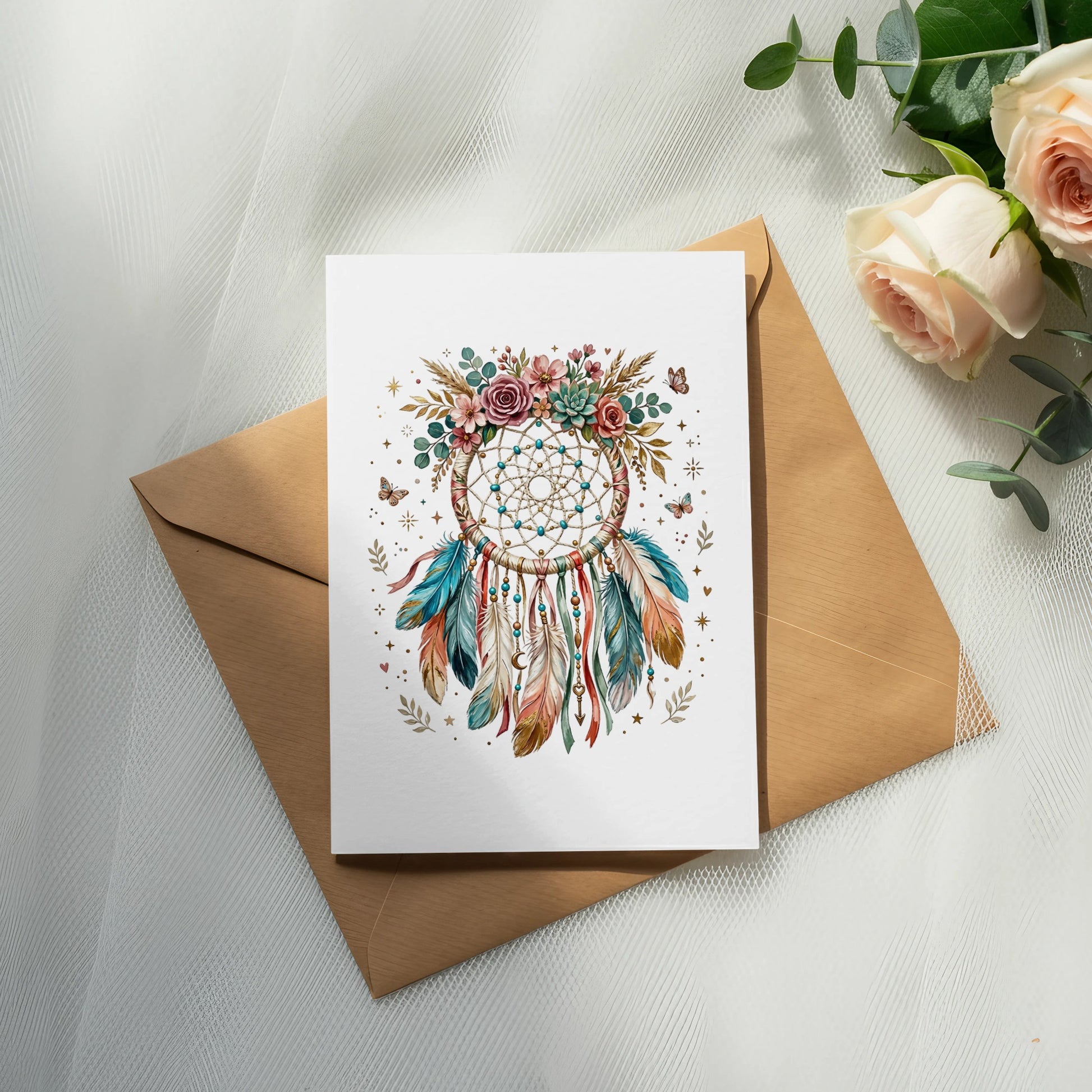 Boho dreamcatcher with feathers and flowers on a card over an envelope.