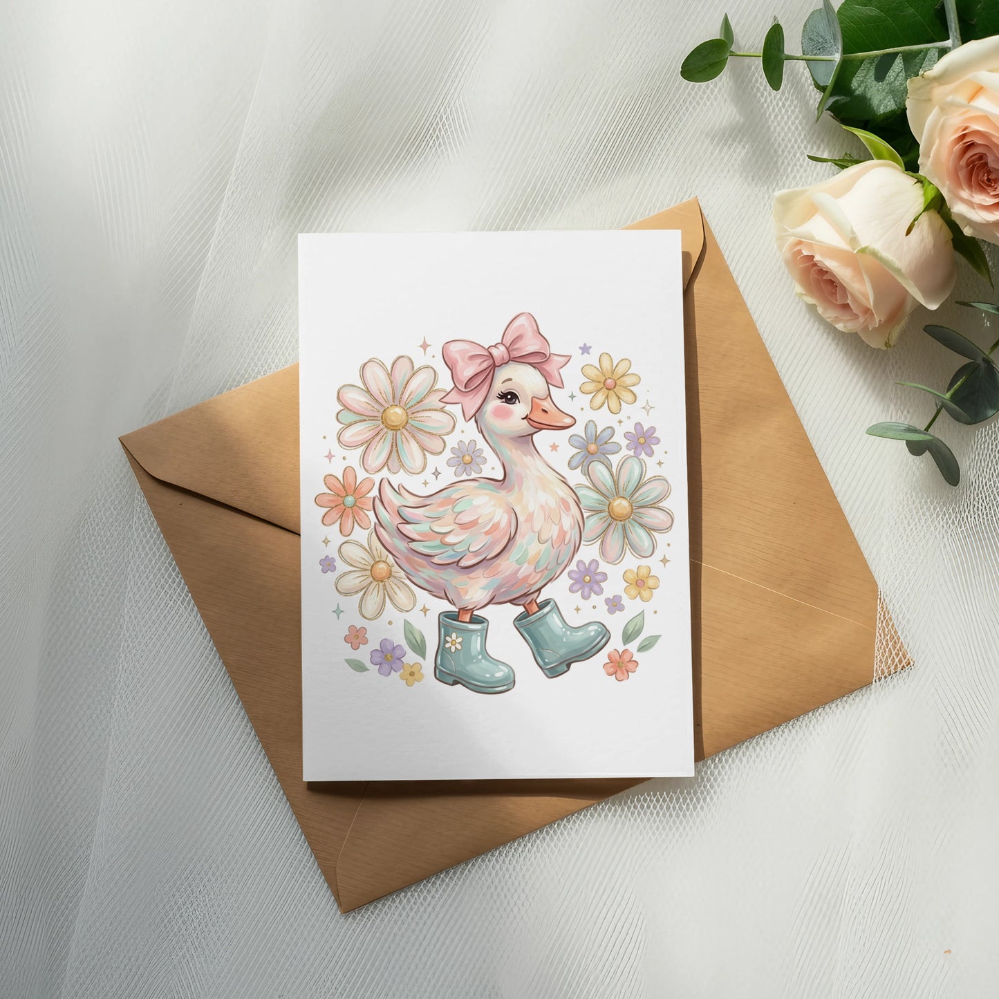 Card featuring a cartoon duck wearing boots and a bow, surrounded by flowers.