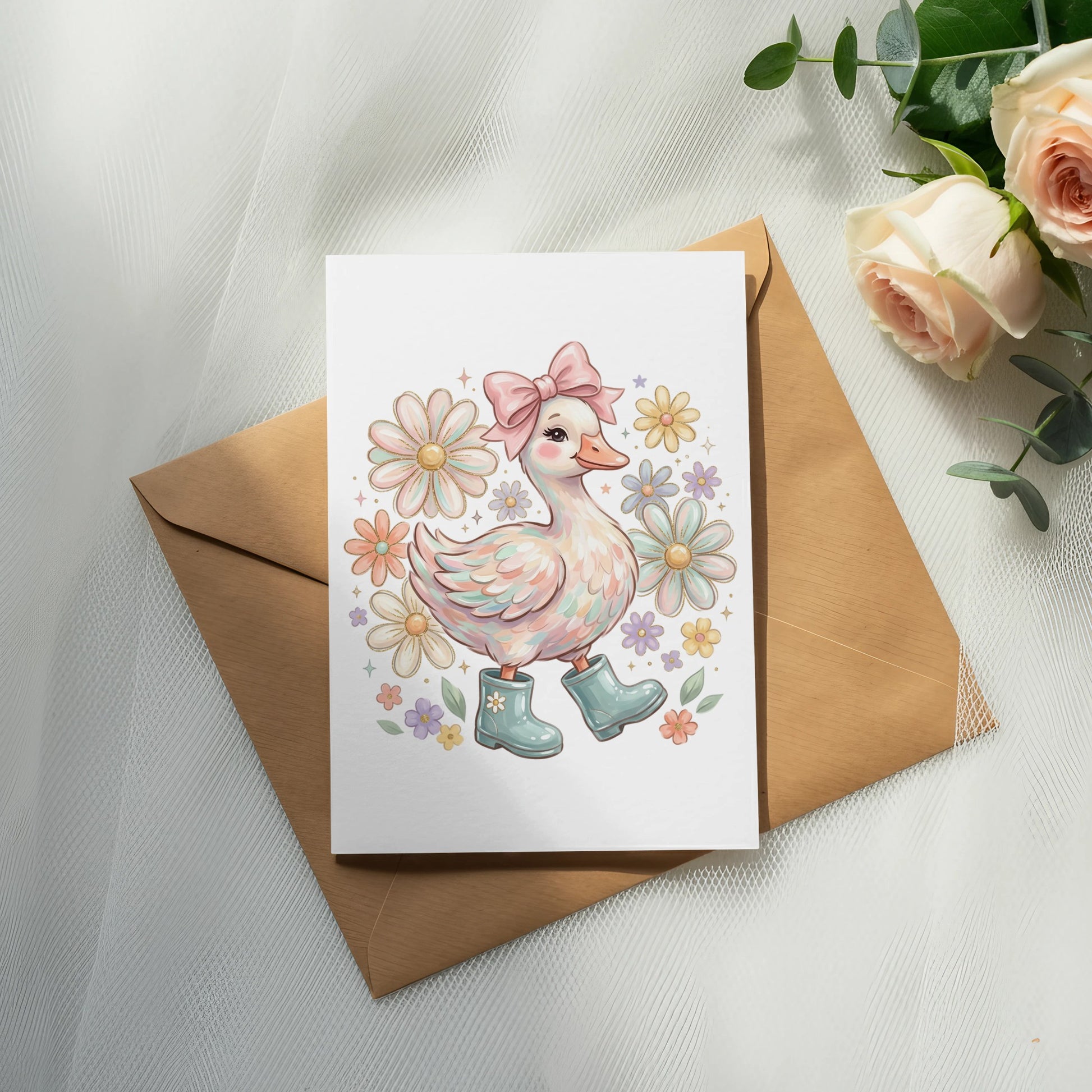 Card featuring a cartoon duck wearing boots and a bow, surrounded by flowers.
