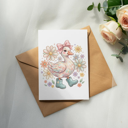 Card featuring a cartoon duck wearing boots and a bow, surrounded by flowers.