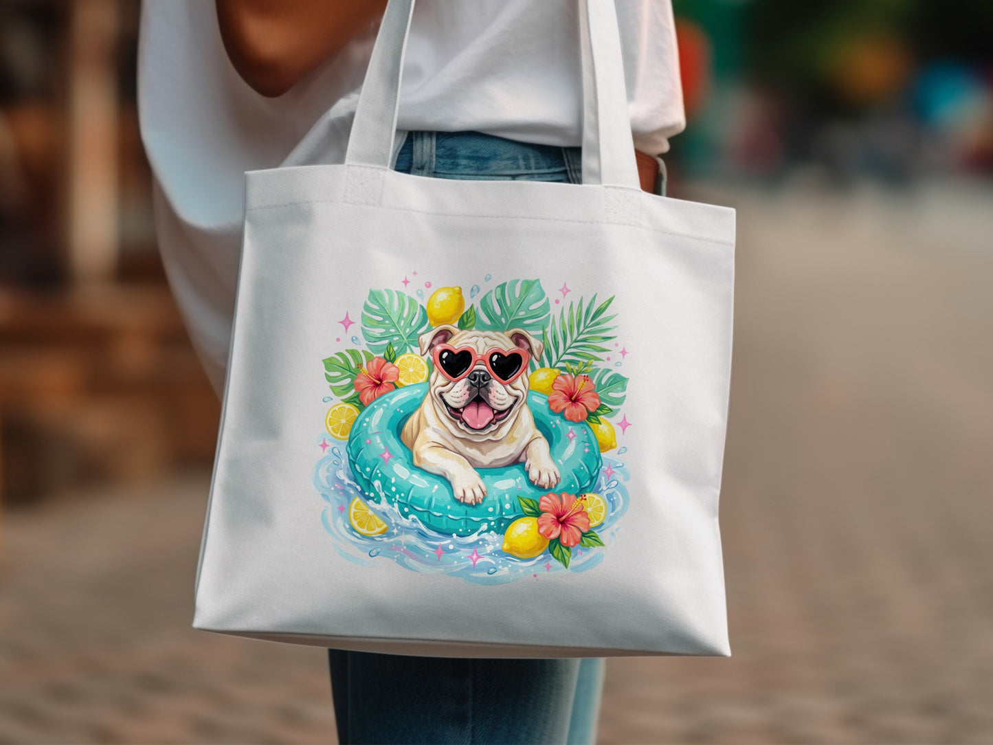 White tote bag with bulldog in inner tube and heart sunglasses.