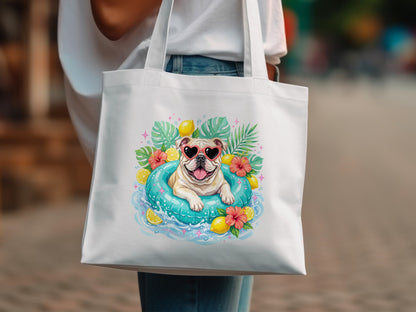 White tote bag with bulldog in inner tube and heart sunglasses.