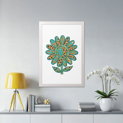 Framed artwork of a turquoise and brown distressed sunflower on a white background.