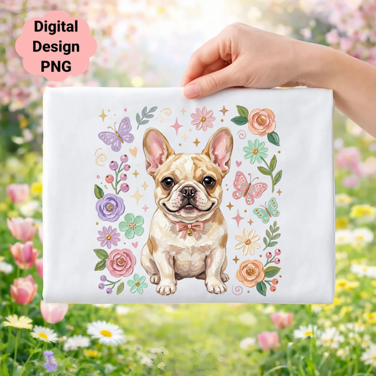 French bulldog with butterflies and flowers, digital design PNG.
