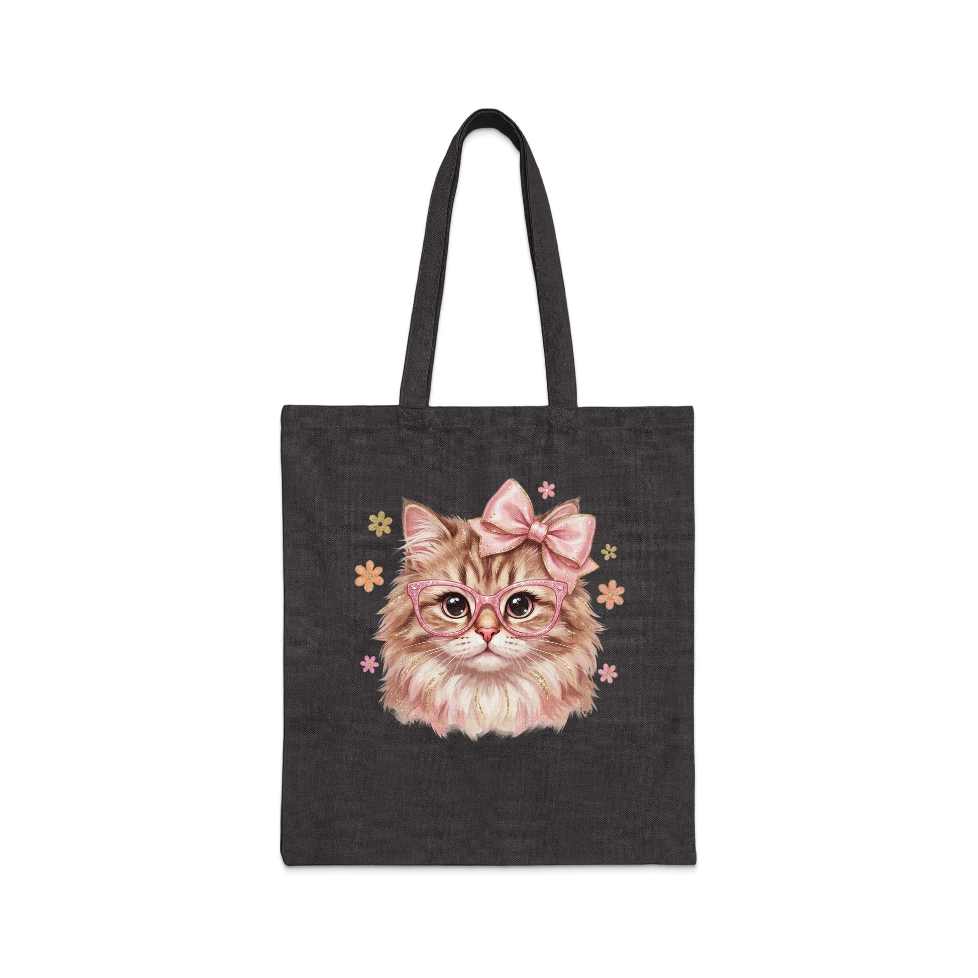 Tote bag with pink bow, glasses, and flowers on a cat's face.
