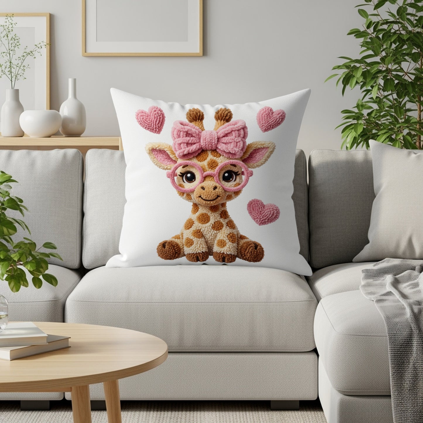 Crocheted giraffe pillow with pink bow and hearts on a sofa.