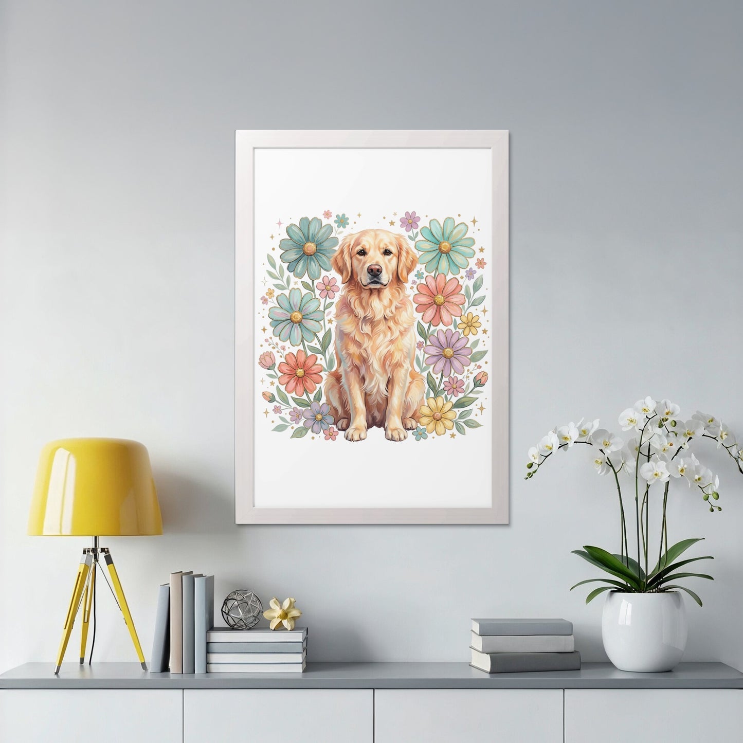Framed artwork of a golden retriever surrounded by colorful flowers.