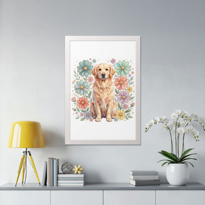 Framed artwork of a golden retriever surrounded by colorful flowers.