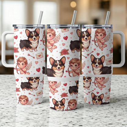 Three tumblers with corgi and cupid Valentine's Day pattern.