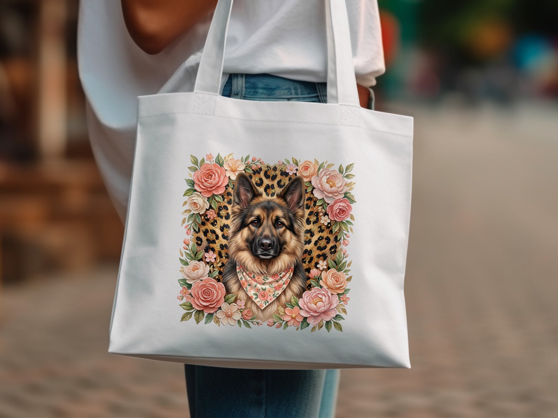 Tote bag with German Shepherd portrait, floral border, and bandana.