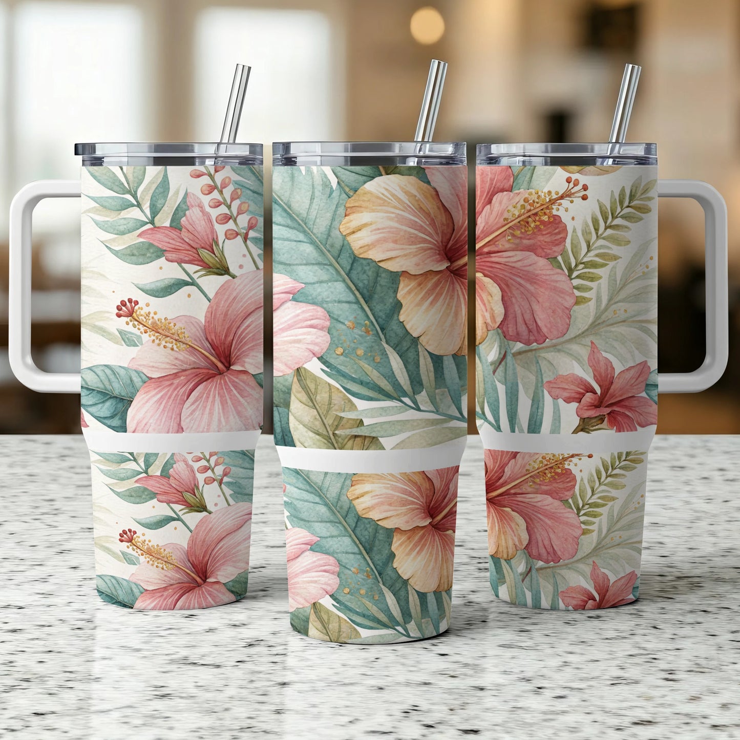 Three tumblers with pink hibiscus and green leaf floral pattern.
