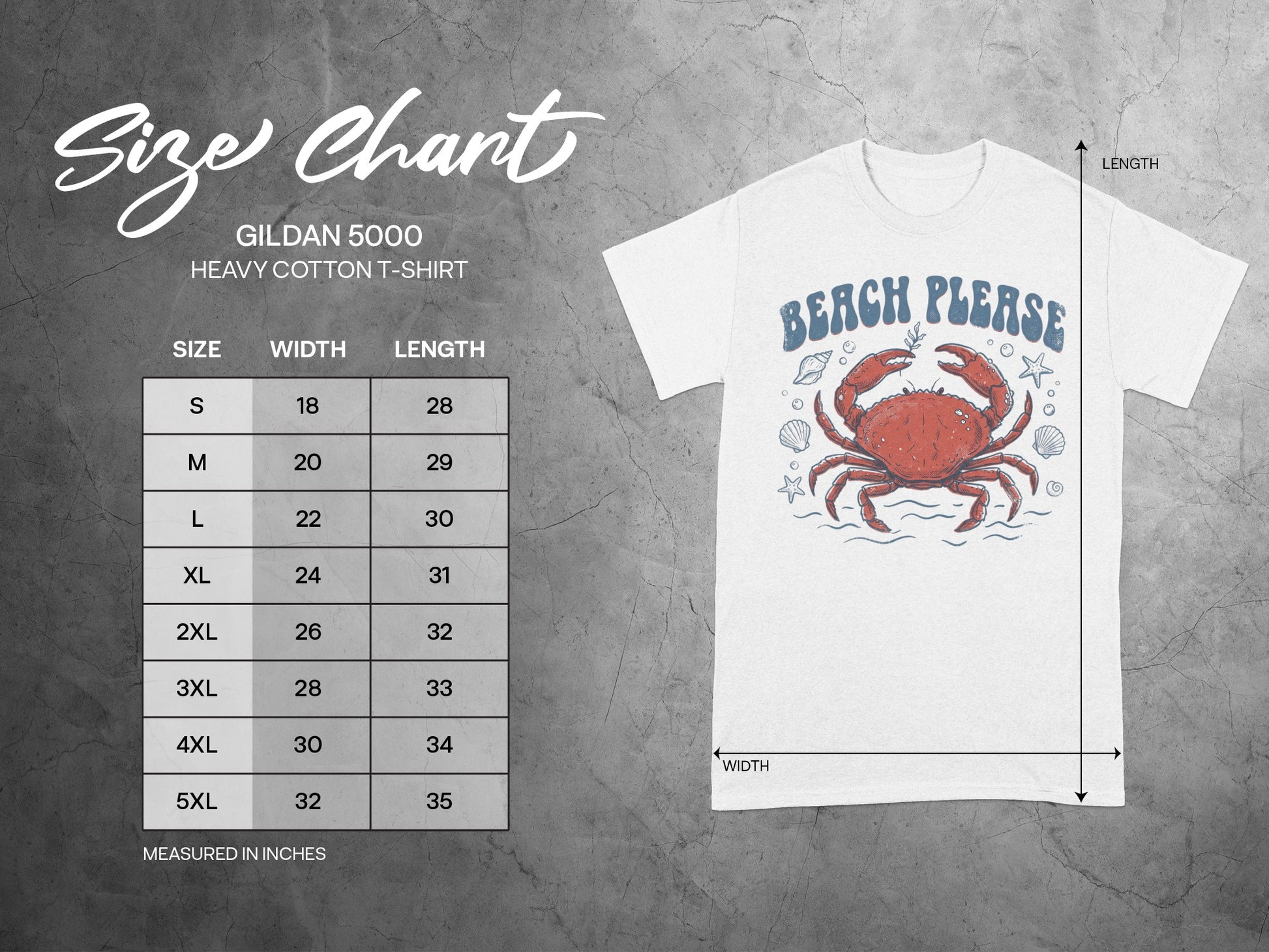 Gildan 5000 t-shirt size chart with "Beach Please" crab graphic.