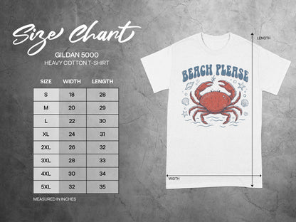 Gildan 5000 t-shirt size chart with "Beach Please" crab graphic.