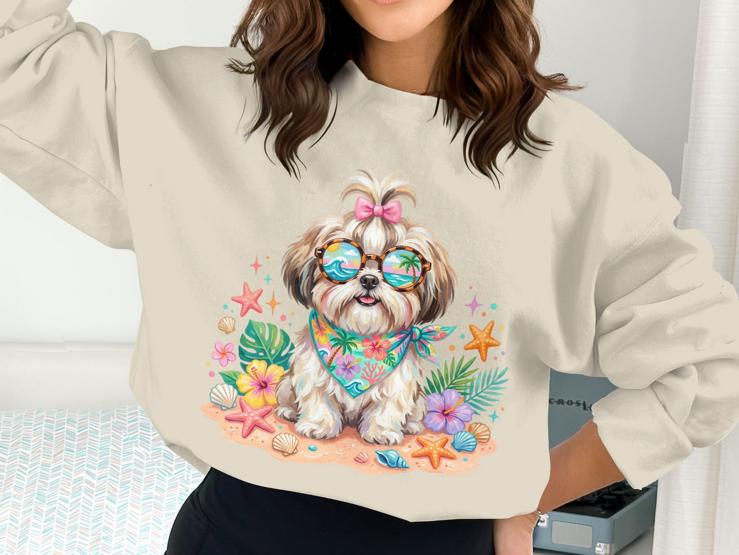Shih Tzu dog wearing sunglasses and bandana, surrounded by seashells and tropical flowers.