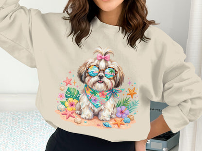 Shih Tzu dog wearing sunglasses and bandana, surrounded by seashells and tropical flowers.
