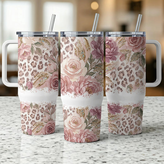 Three tumblers with floral and leopard print, featuring handles and straws.