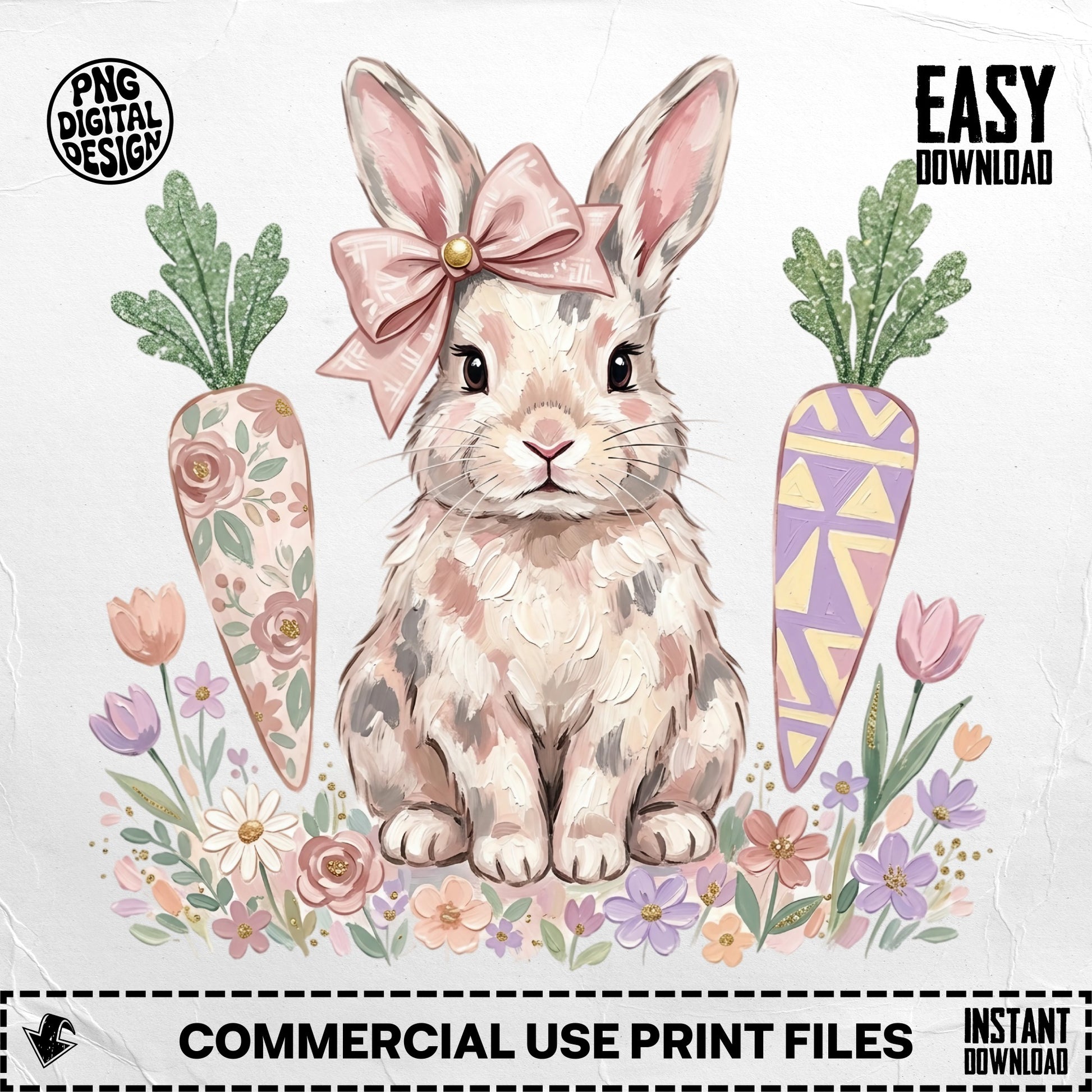 Watercolor bunny with carrots and flowers, "Easy Download" text.