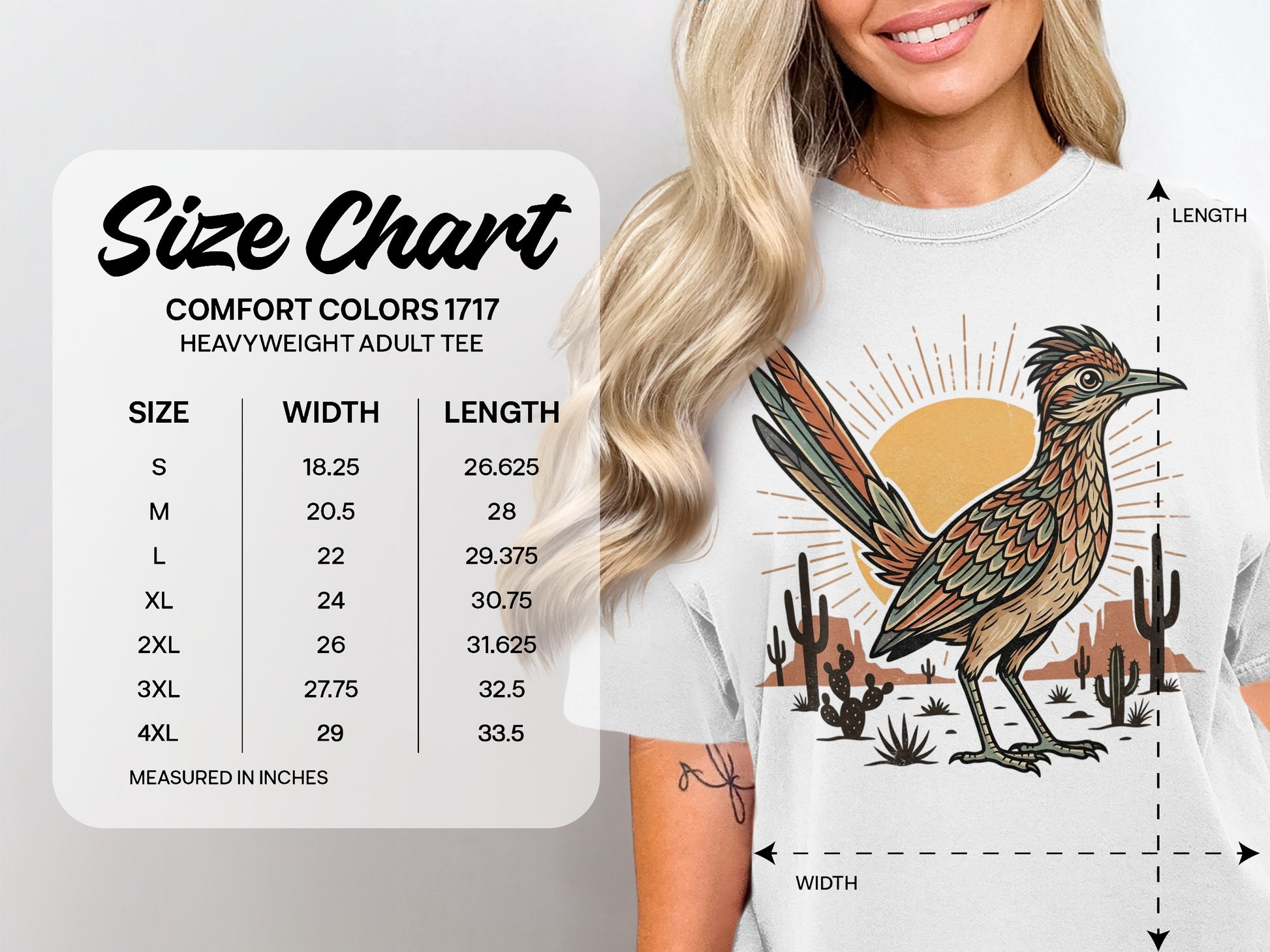 Comfort Colors 1717 heavyweight adult tee size chart with roadrunner graphic.