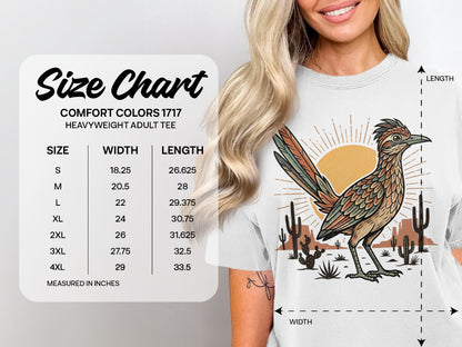 Comfort Colors 1717 heavyweight adult tee size chart with roadrunner graphic.