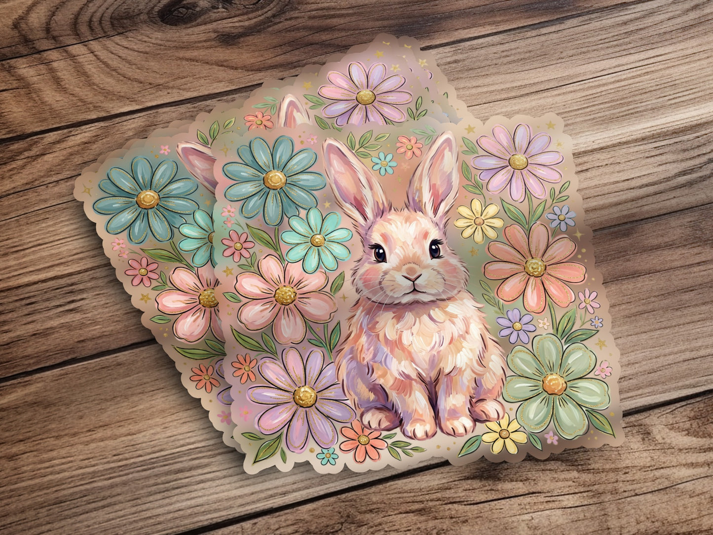 Easter bunny surrounded by pastel flowers on a wooden background.