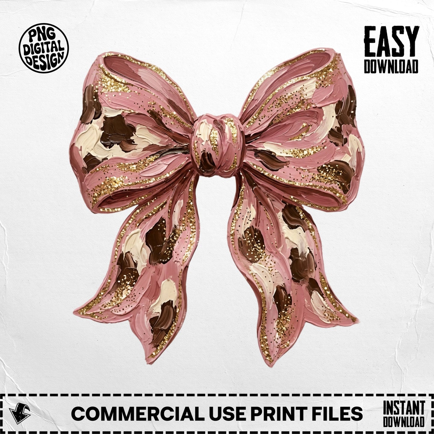Pink bow with gold glitter and brown splotches, "Easy Download".