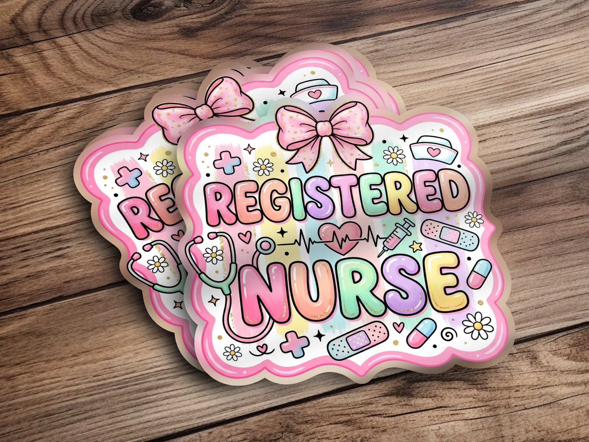 Registered Nurse text with pastel medical icons and bows on a wooden background.