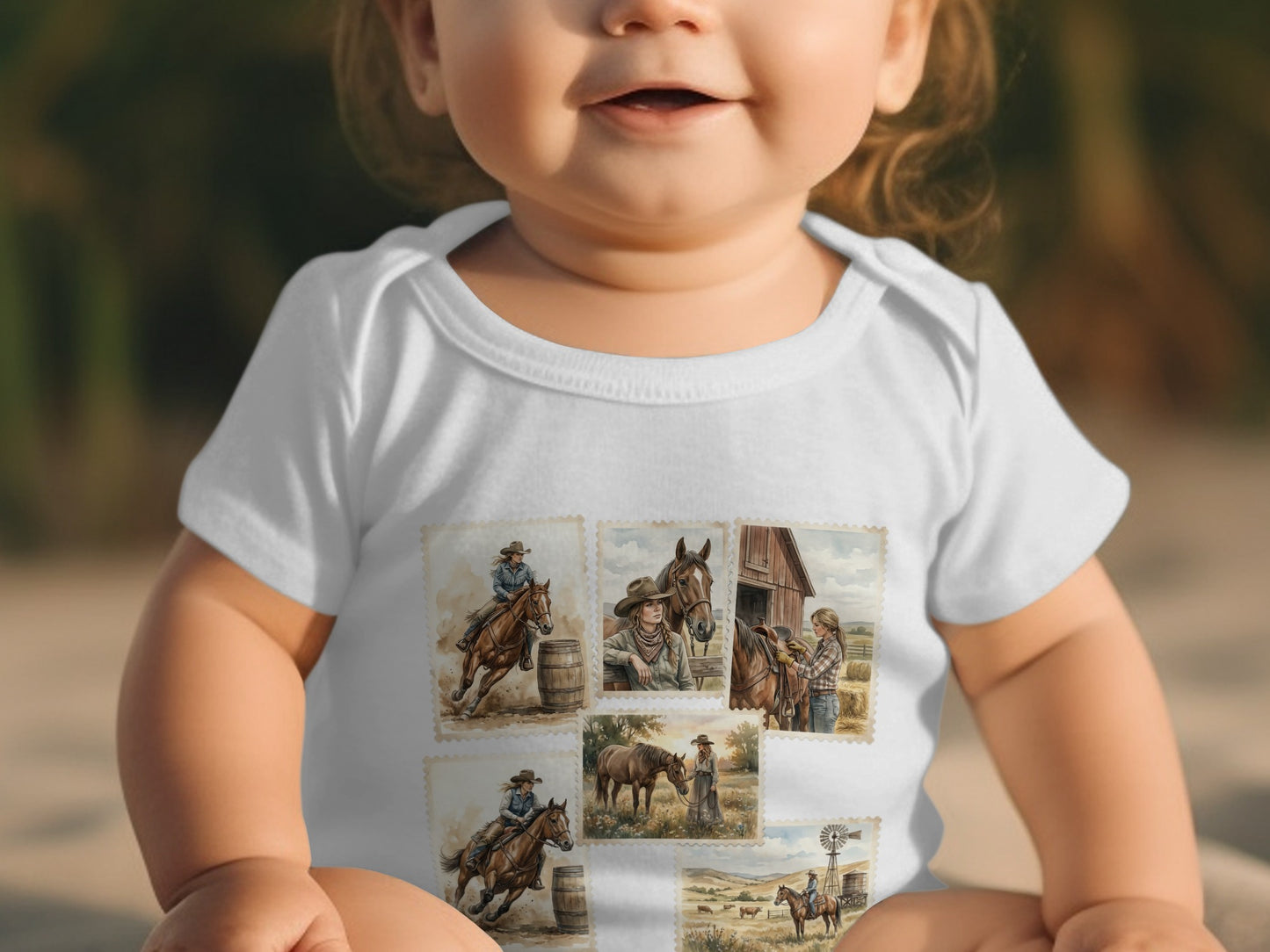 Baby wearing white bodysuit with postage stamp-style cowboy and horse graphics.