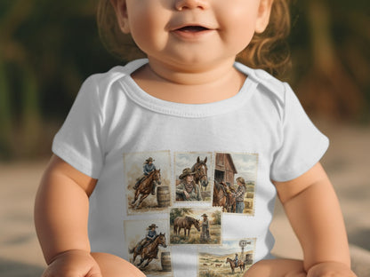 Baby wearing white bodysuit with postage stamp-style cowboy and horse graphics.